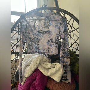 POSTER GIRL Sheer Mesh Blue, Purple and Black Patterned Crop Top
